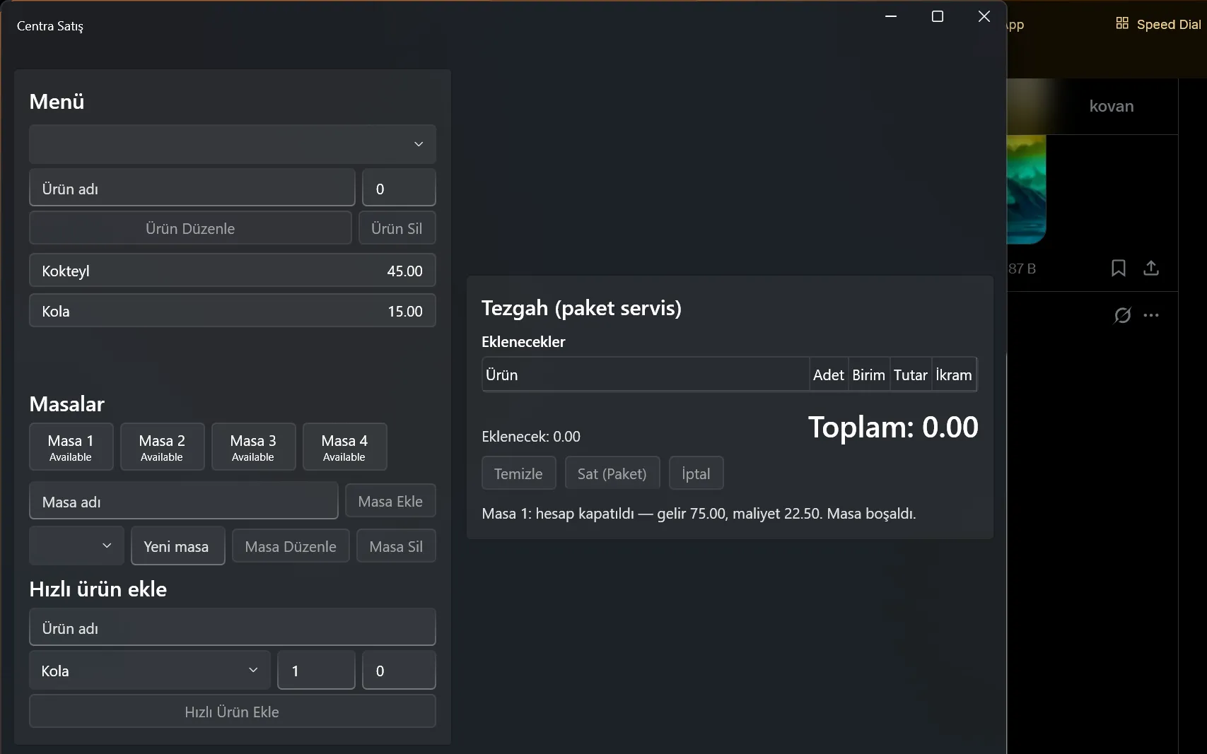 Centra POS satış ekranı: masanın hesabı kapanmış durumu