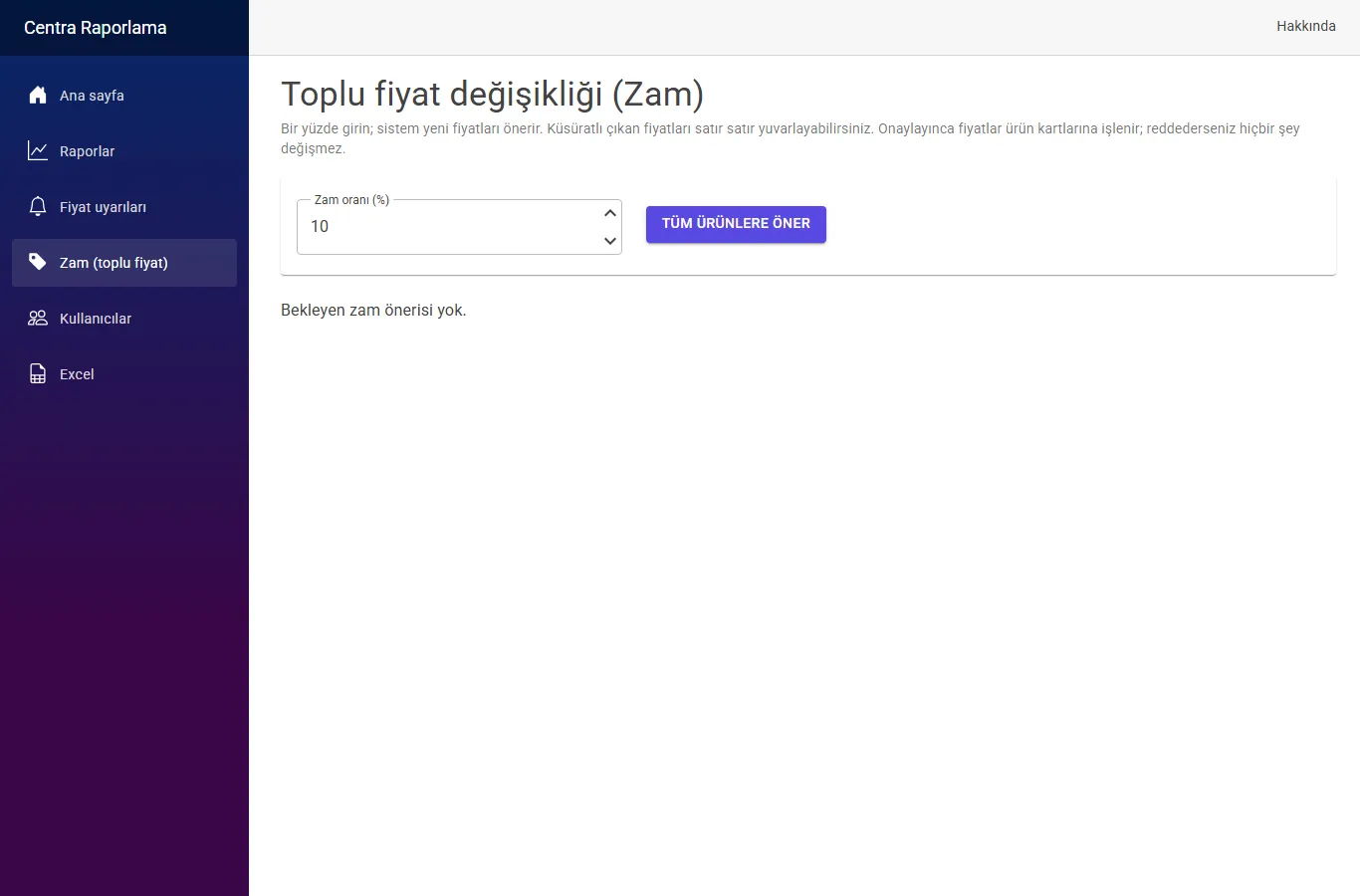 Centra web ekranı: ürün fiyatlarının toplu değişim planı ve onay kuyruğu