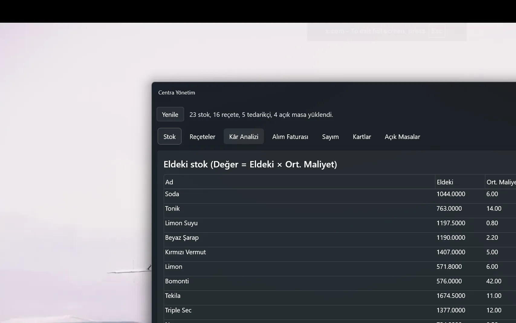 Centra management app — main screen